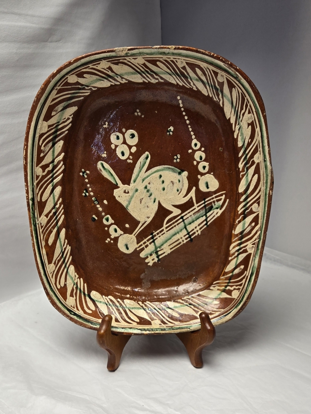 Hand-Painted Ceramic Mexican Bandera Folk Art Rabbit Platter in Brown and Cream